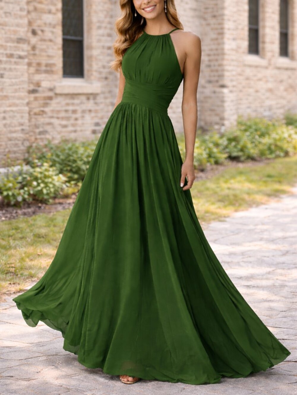 Green A-Line Chiffon Halter Maxi Dress Formal Prom Bridesmaid Size 2